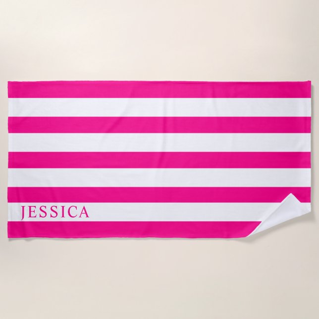 Girly Hot Pink White Cabana Strip Personalisiert Strandtuch (Vorderseite)