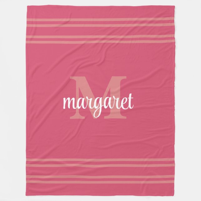 Girly hot pink  white monogram name Fleece Blanket (Vorderseite)