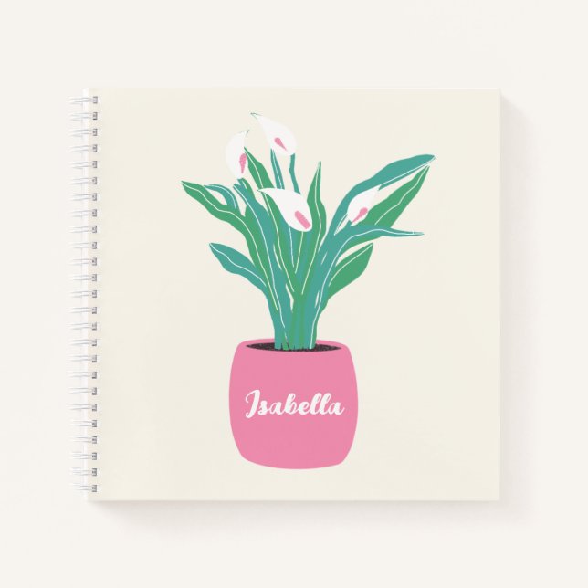 Girly Houseplant Peace Lily Notebook mit Name Notizbuch (Vorderseite)
