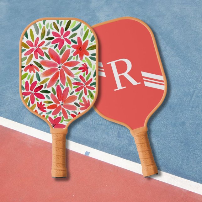 Girly Hübsch Monogram Initial Red Florals Pickleball Schläger (Von Creator hochgeladen)