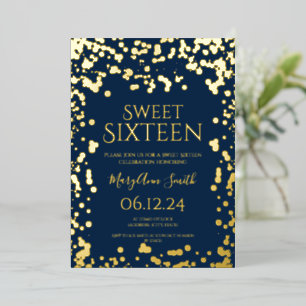 Girly Imitats Gold Foil Confetti Sweet 16 Navy  Folieneinladung