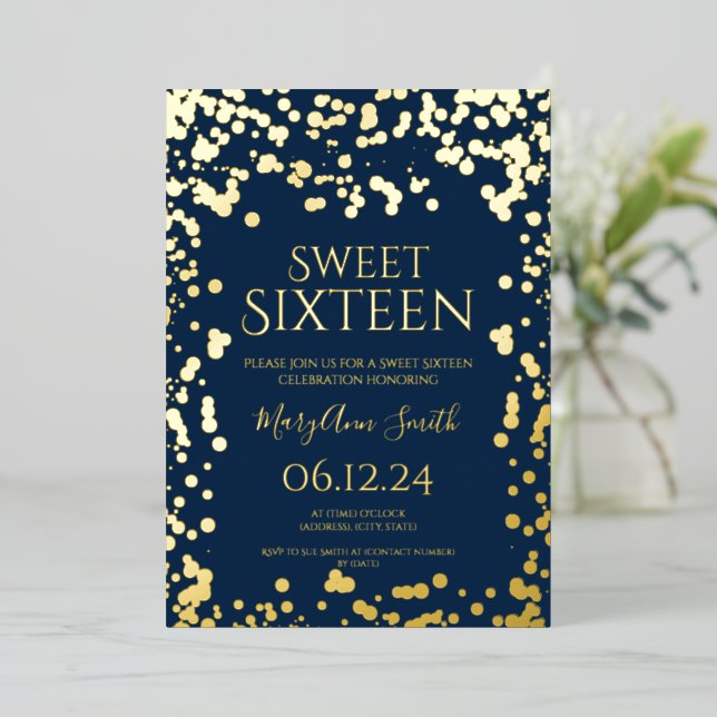 Girly Imitats Gold Foil Confetti Sweet 16 Navy Folieneinladung (Stehend vorne)