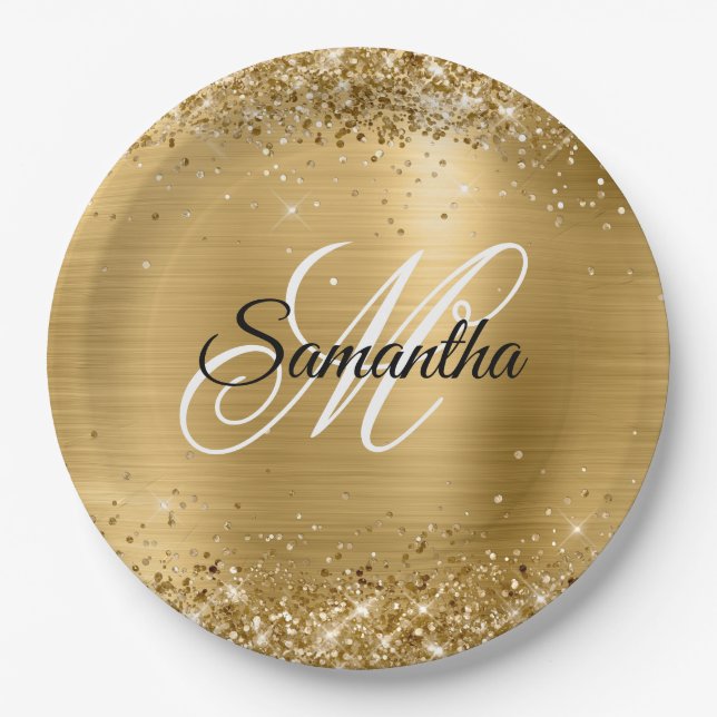 Girly Imitats Gold Glittery Foil Monogram Pappteller (Vorderseite)