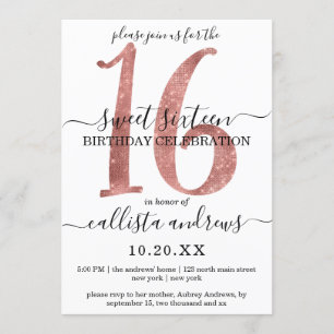 Girly Imitats Rose Gold WhiteGlitter Sweet 16 Einladung