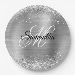 Girly Imitats Silver Glittery Foil Monogram Pappteller