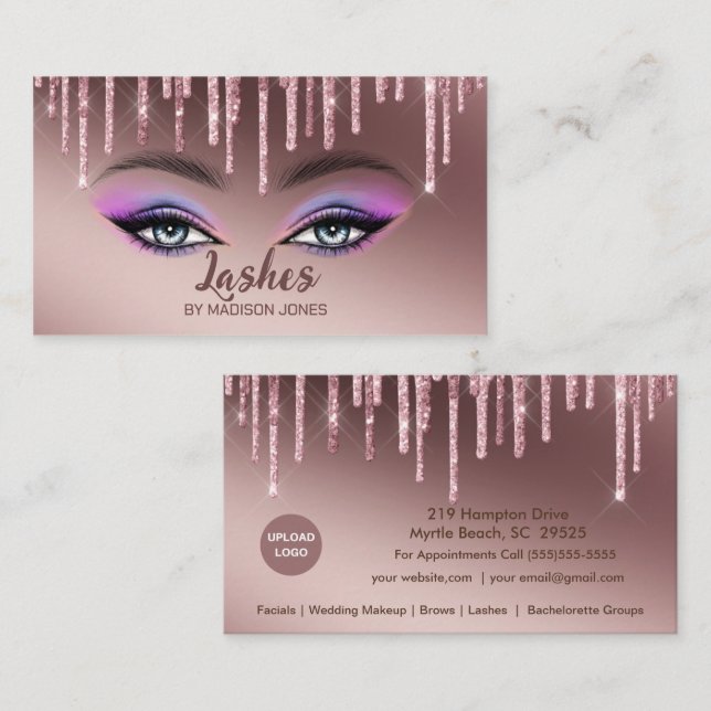 Girly Lash Artist Glitzer Business Cards Visitenkarte (Vorne/Hinten)