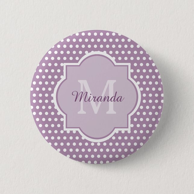 Girly Lavendel-lila Polka-Punkte Monogramm und Button (Vorderseite)