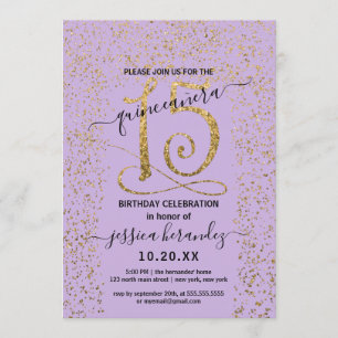 Girly Lavender Gold Confetti Border Quinceañera Einladung