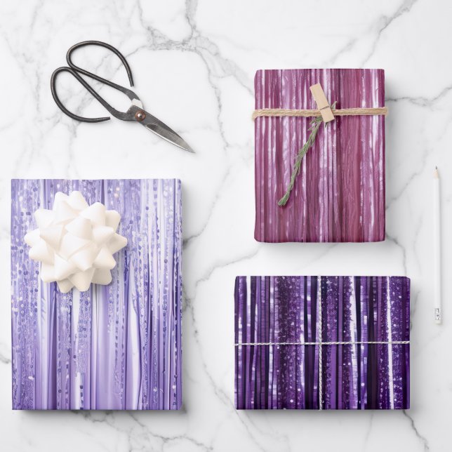 Girly Lavender Lila Glam Tinsel Streifen Geschenkpapier Set (Vorderseite)