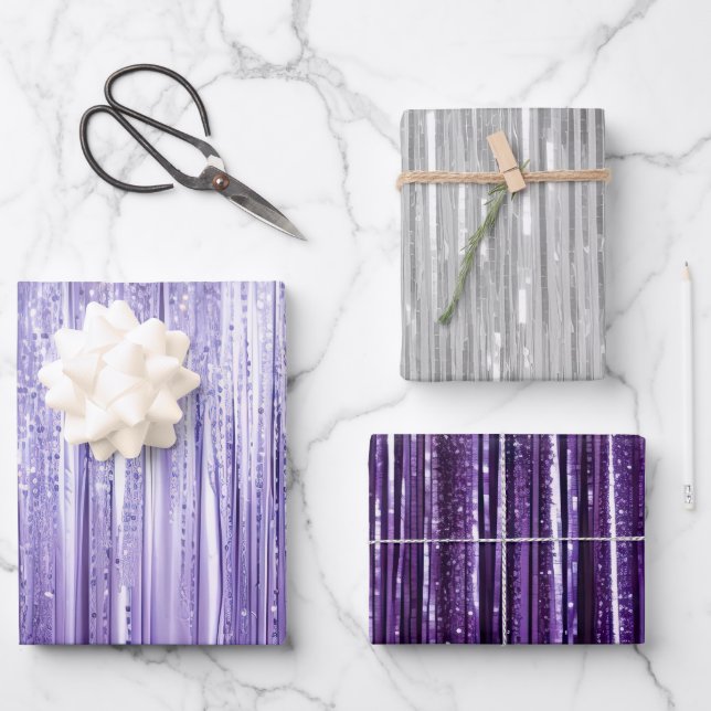 Girly Lavender Lila Silver Glam Tinsel Streifen Geschenkpapier Set (Vorderseite)