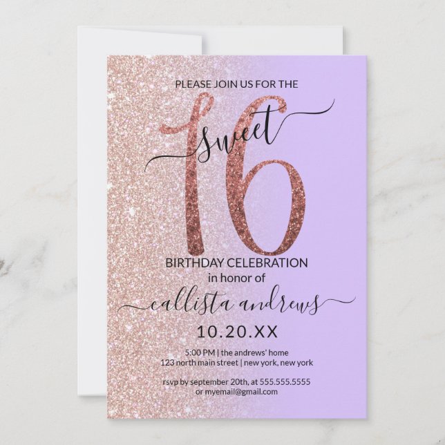 Girly Lavender Rose Gold Glitzer Ombre Sweet 16 Einladung (Vorderseite)