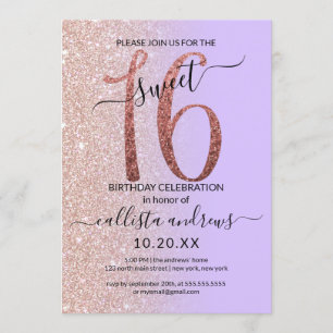 Girly Lavender Rose Gold Glitzer Ombre Sweet 16 Einladung