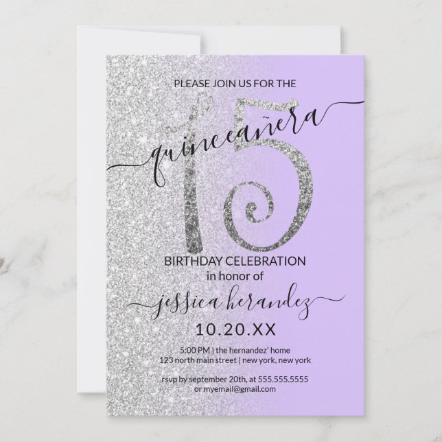 Girly Lavender Silver Glitzer Ombre Quinceañera Einladung (Vorderseite)