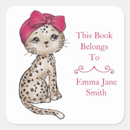 Girly Leopard Baby W/Red Bow Turban Buchzeichen Quadratischer Aufkleber