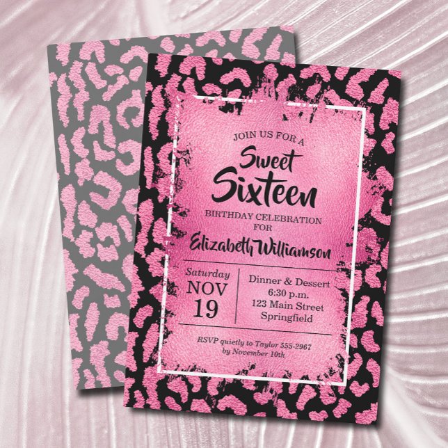 Girly Leopard Geburtstagsparty Einladungen (Pink and black leopard sweet 16th birthday party invitations, PRINTED and/or INSTANT DOWNLOAD)