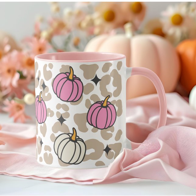 Girly Leopard Pink und White Pumpkins Halloween Tasse (Girly Leopard Pink and White Pumpkins Halloween Mug)
