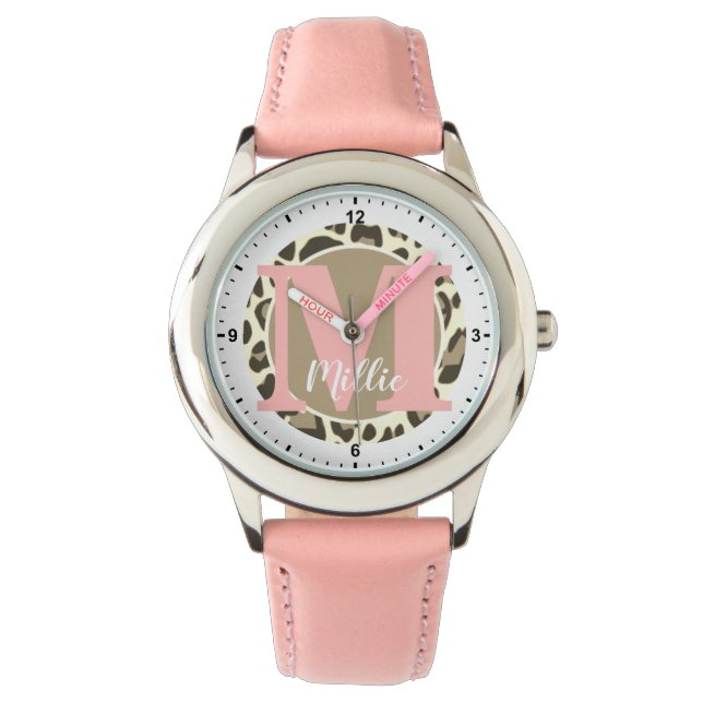Girly Leopard Print Rockabilly Muster Monogram Armbanduhr (Vorderseite)