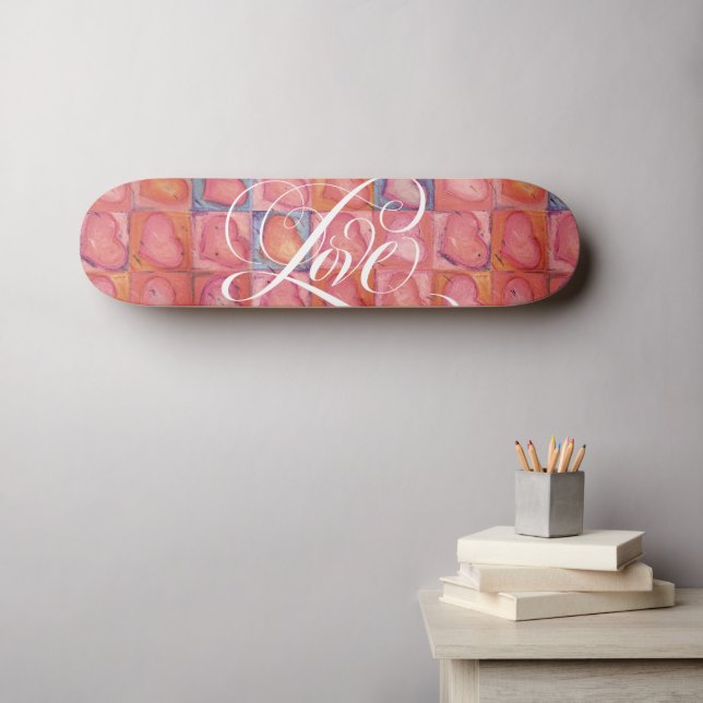 Girly Liebe Hearts Pink Geblüht Kalligrafie Skateboard (Wandkunst (Horz))