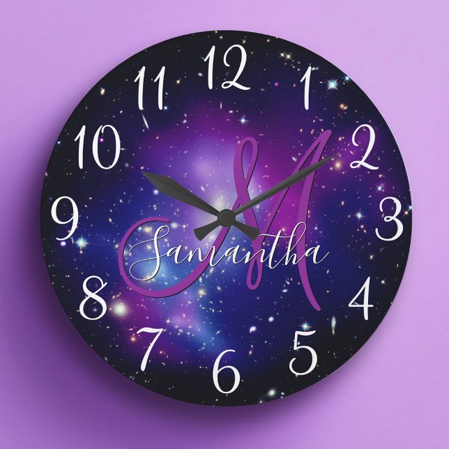 Girly Lila Celestial Foto Monogram Große Wanduhr (Girly Purple Celestial Photo Monogram Large Clock)