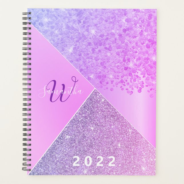 Girly Lila Pink Glitzer Chic Monogram 2022 Planer (Vorderseite)