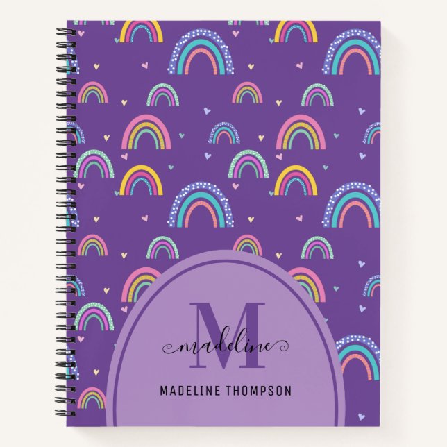 Girly Lila Rainbow Heart Monogram Boho Notizbuch (Vorderseite)