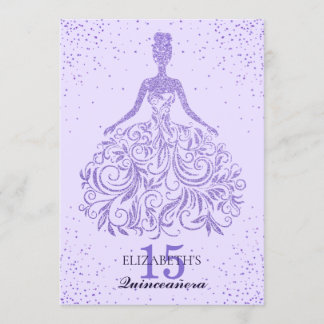 Girly Lila Violet Glitzer Dress Quinceañera Einladung