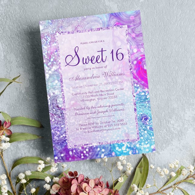 Girly lilavender aquamariner Marmor Glitzer Sweet  Einladung (Girly lilac lavender teal marble glitter Sweet 16 Invitation )