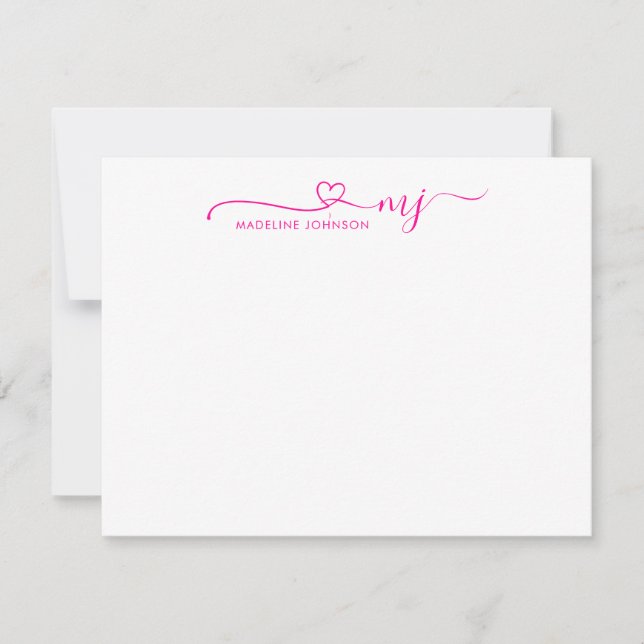 Girly Magenta Pink Heftschrift Name Monogram Mitteilungskarte (Vorderseite)