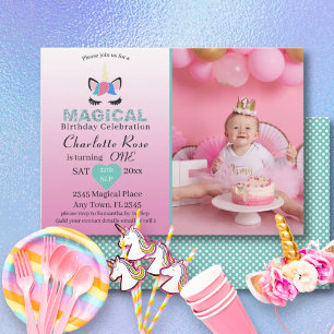 Girly Magical Unicorn Rosa 1. Geburtstag Einladung