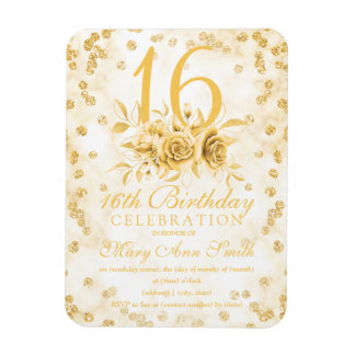 Girly Marble Glitzer Gold Floral Sweet 16. Magnet