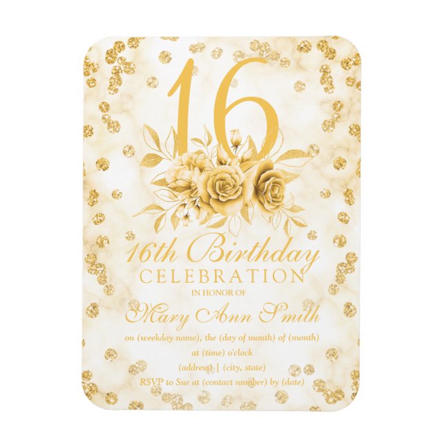 Girly Marble Glitzer Gold Floral Sweet 16.  Magnet (Vertikal)