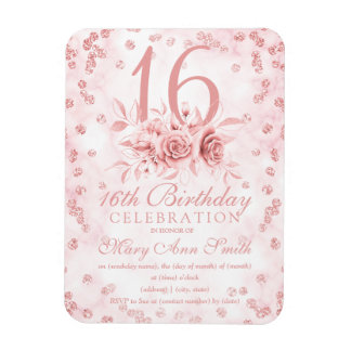 Girly Marble Glitzer Rose Gold Floral Sweet 16. I Magnet