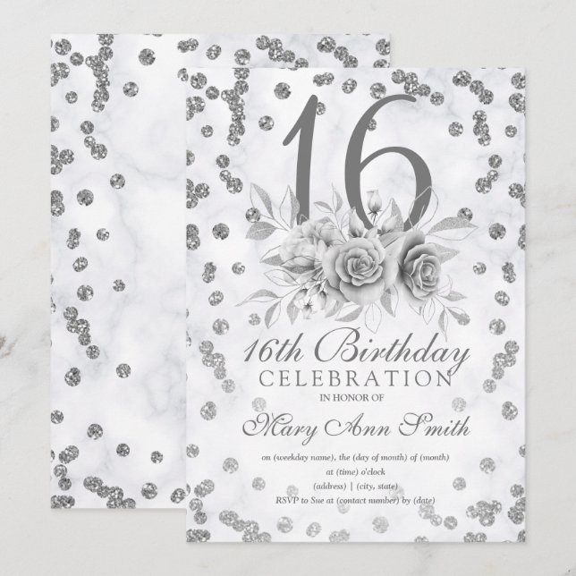 Girly Marble Glitzer Silver Floral Sweet 16. Einladung (Vorne/Hinten)