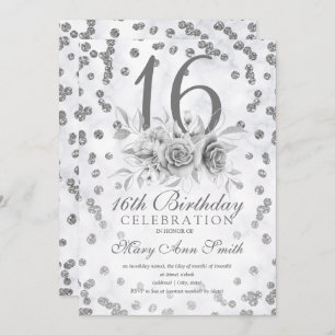 Girly Marble Glitzer Silver Floral Sweet 16. Einladung