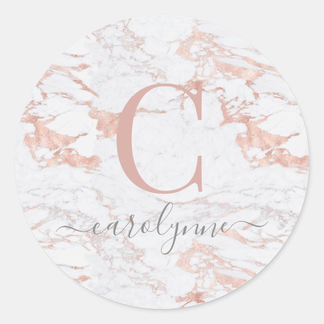 Girly Marble und Chic Rose Gold Foil Monogramm Runder Aufkleber (Vorderseite)
