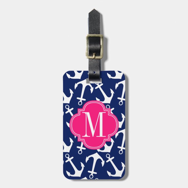 Girly Marine u. rosa Diamant-Gitter personalisiert Gepäckanhänger (Vorderseite vertikal)