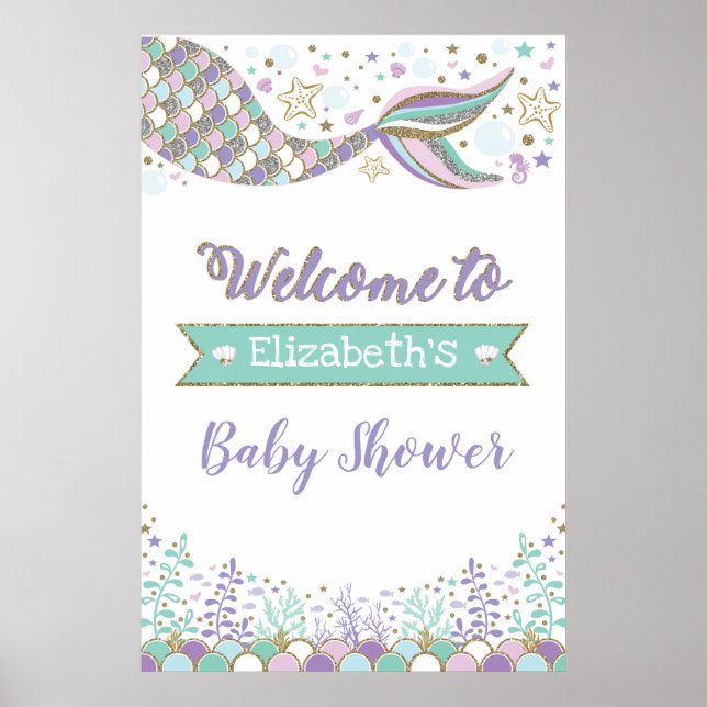 Girly Mermaid Baby Dusche Beach Willkommen Poster (Vorne)
