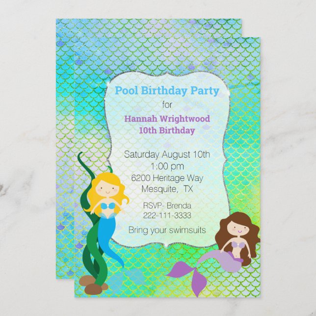 Girly Mermaid Birthday Pool Party Einladung (Vorne/Hinten)