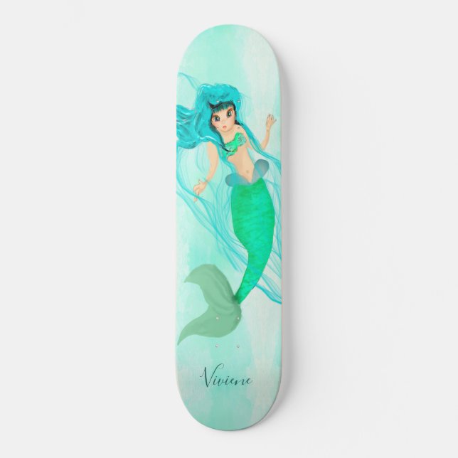 Girly Mermaid Green Schwanz Blue Skateboard (Vorderseite)