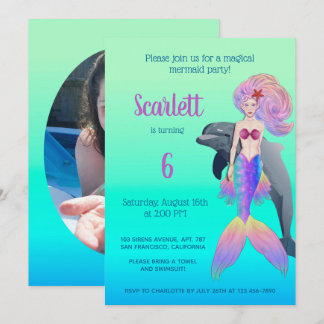 Girly Mermaid Rainbow Fairytale Birthday Foto Einladung