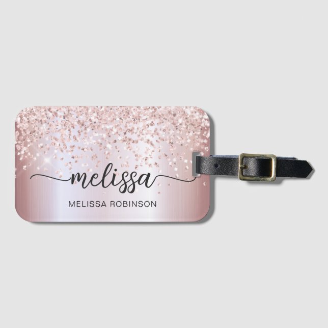 Girly Metal Rose Gold Glitzer Monogram Name Script Gepäckanhänger (Vorderseite (Horizontal))