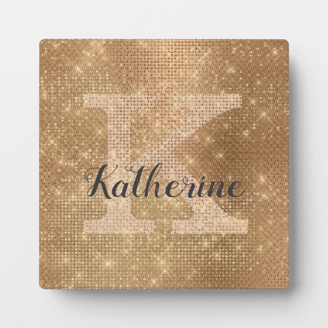 Girly Metallic Gold Diamond Sparkle Monogram Name Fotoplatte (Vorderseite)