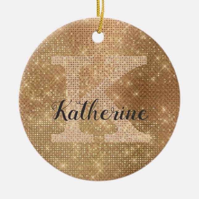 Girly Metallic Gold Diamond Sparkle Monogram Name Keramik Ornament (Vorne)
