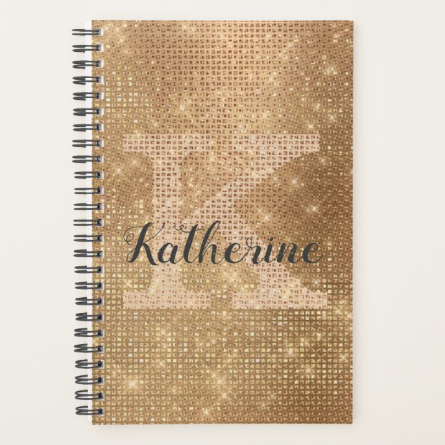 Girly Metallic Gold Glitzer Diamond Monogram Name Planer (Vorderseite)