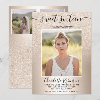 Girly metallic gold Glitzer ombre 3 Foto Sweet 16 Einladung