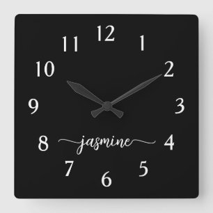Girly Minimalist Monogramm Namensschrift Schwarz Quadratische Wanduhr