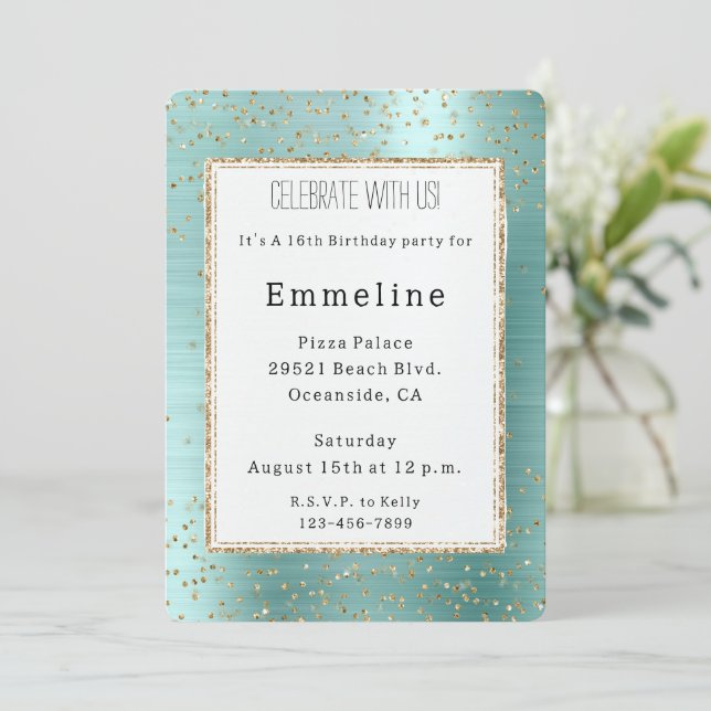 Girly Mint Glam Gold Sparkle Confetti Geburtstag Einladung (Stehend Vorderseite)