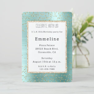 Girly Mint Glam Gold Sparkle Confetti Geburtstag Einladung
