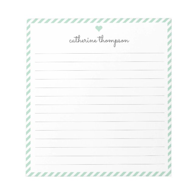 Girly Mint Green Stripe Feminine Script Herzname Notizblock (Vorderseite)
