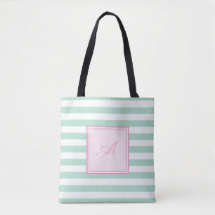 Girly Mint Green Striped, Monogram Personalisiert